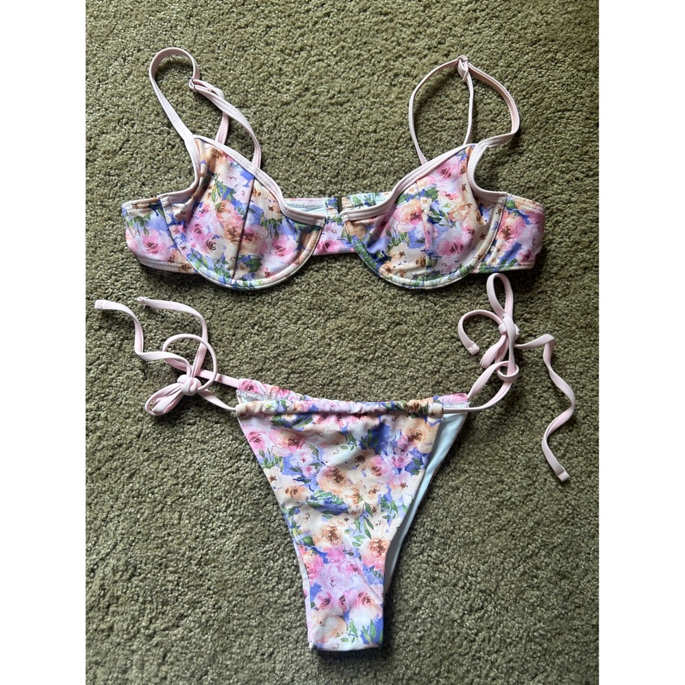 CIDER Floral Print Underwire Bikini Set Pink Blue Roses Tie Side Sz M